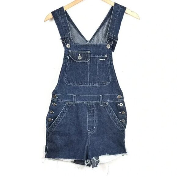 Vintage Y2K Silver Jeans Denim Short Overalls Shortalls Size 3 26-27 - Picture 1 of 7